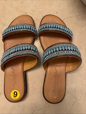 Leather Beaded Double-Strap Slide Sandals - Light Blue